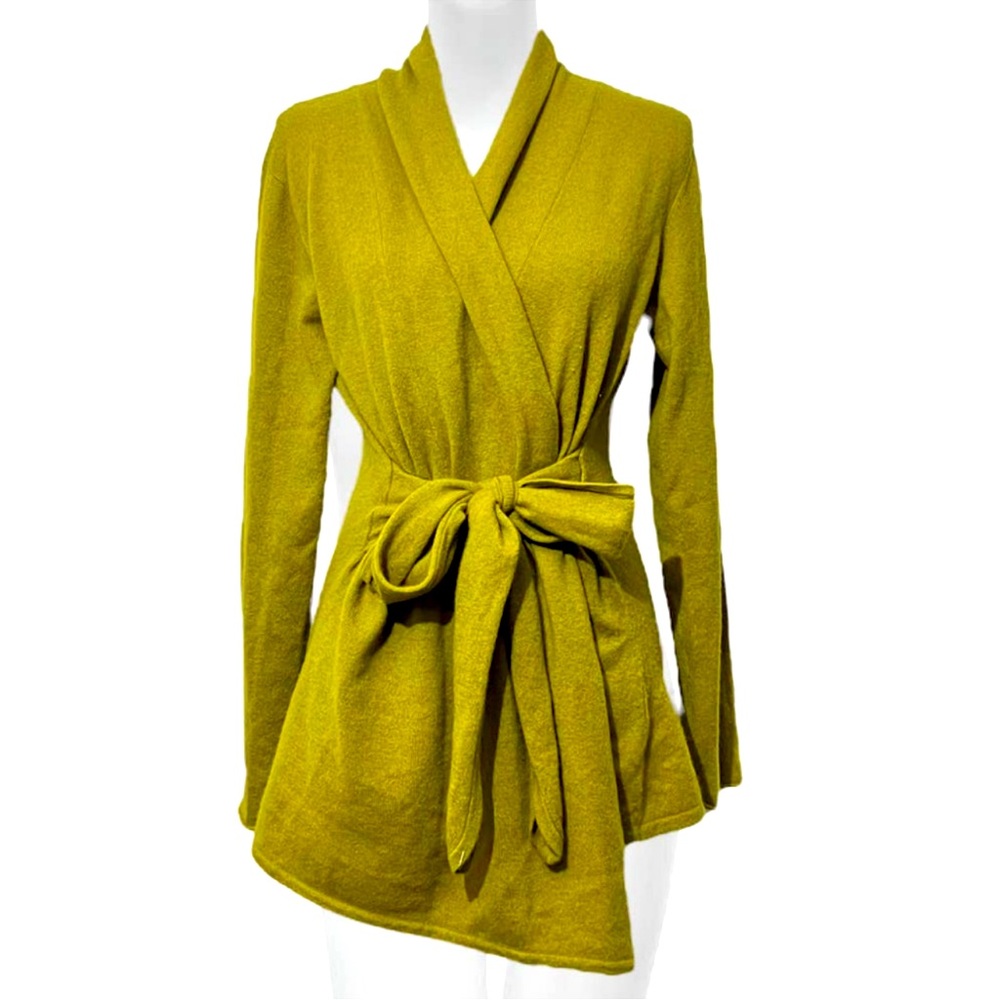 Pure Amici Olive 100% Cashmere Front Tie Long Sleeve Wrap Cardigan Sweater Large